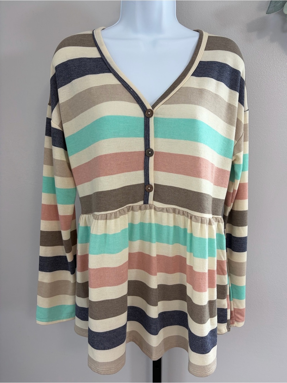 NWOT Bluivy Striped V-Neck Peplum Tunic in Mint, Blush, Cream and Navy